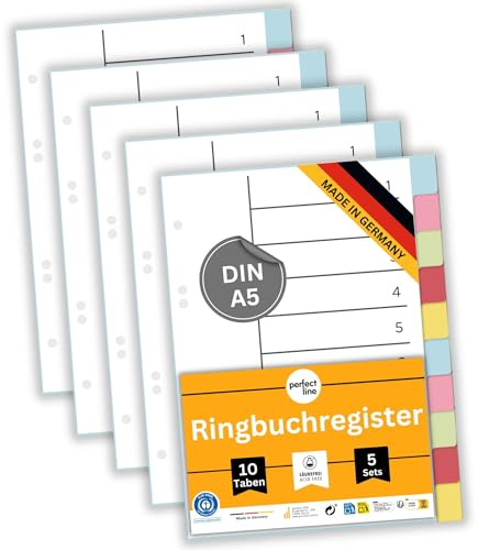 perfect line - Ordner-Register DIN-A5, 10-teilig, 5er Set, Karton, 5 x 10 Taben (50 Trennblätter - A5) - 5 Farben, Blauer Engel zertifizert