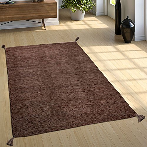 Paco Home Wohnzimmer Natur Teppich m. Fransen, Moderner Handgewebter Kelim, 100% Baumwolle, Grösse:80x150 cm, Farbe:Braun