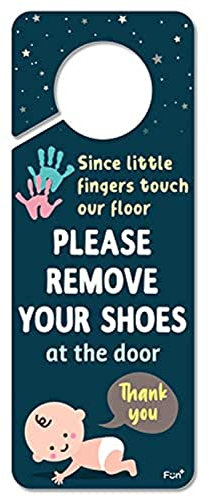 Funplus Please Take Your Shoes Off - Remove Your Shoes Sign - Plastic Door Knob Hanger Sign - Since Little Fingers Touch Our Floor