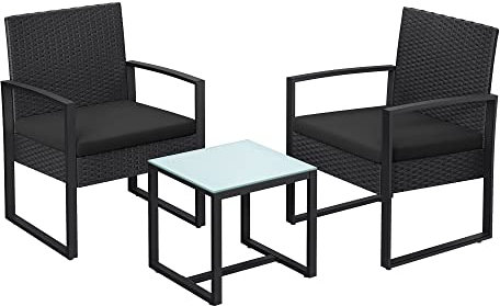 SONGMICS 3-Piece Patio Set Outdoor Patio Furniture Sets, PE Rattan, Outdoor Seating for Bistro Front Porch Balcony, Easy to Assemble, 2 Chairs and 1 Table, Black GGF010B02