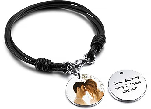 INBLUE Bracelet en Cuir Personnalisé Gravure Photo Lettre Nom Date pour Femmes Hommes Fille Garçon Couche de Cordon Manchette en Acier Inoxydable Rond Pendentif Demoiselle d'honneur Cadeau(Noire)