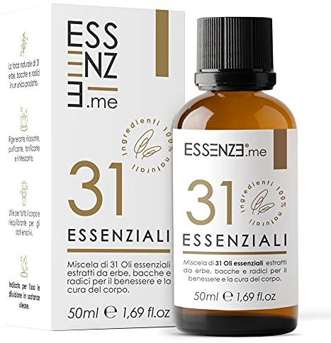 Olio alle 31 Erbe Balsamico e Defaticante, Miscela di 31 Oli Essenziali Concentrati, Puri e Naturali Multiuso per Massaggi, Suffumigi, Aromaterapia, Cura della Pelle e Capelli.