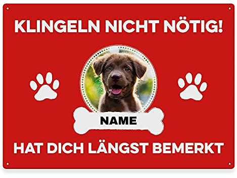Hunde Schild personalisiert - Klingeln nicht nötig - Metallschild mit Foto und Name für außen, wetterfestes Türschild für Hundebesitzer - ca. DIN A4-28 x 20 cm, ein Tier, rot