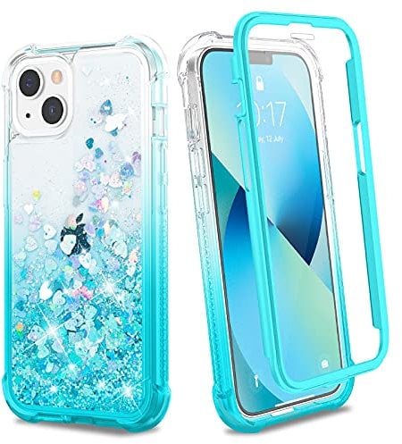 Ruky Glitter Liquid Full Body Case with Built-in Screen Protector - Soft TPU Girls Women Phone Case for iPhone 13 & iPhone 14 6.1”, Gradient Teal