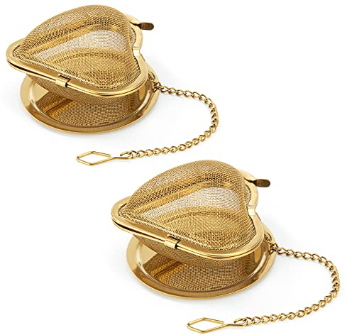 Mesh Tea Infuser Heart Stainless Steel Tea Strainer with Drip Tray Extended Chain Hook Reusable for Loose Tea Gold 2pcs