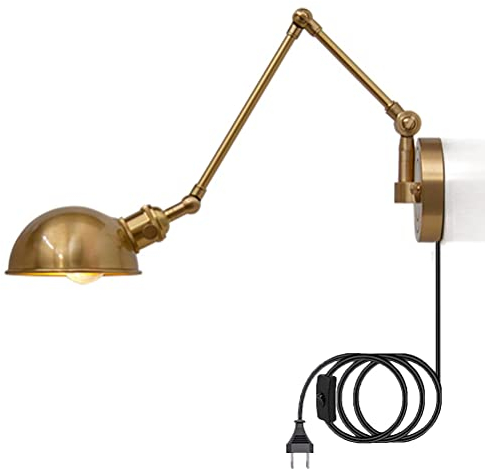 Rustikale Wandleuchte mit Stecker, Messing Wandlampe mit schalter Verstellbarer Schwenkarm Nachttisch Wandbeleuchtung Leselampe mit 2,0 m Kabel für Schlafzimmer Bettseite Wohnzimmer Esszimmer Gold