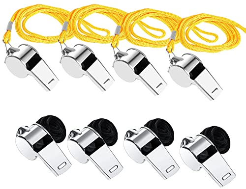 Abnaok 8 Stück Edelstahl Trillerpfeife, Pfeifen Whistle mit Lanyard, Schiedsrichterpfeife Schiedsrichter Set, Lauter und Knackiger Klangpfeife
