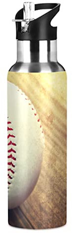 Vnurnrn Art Vintage Baseball Bouteille d'eau Isotherme avec Paille en Acier Inoxydable Gourde 600ML, Sans Bpa Gourdes Eau pour Enfant Sport Randonnée École Bureau