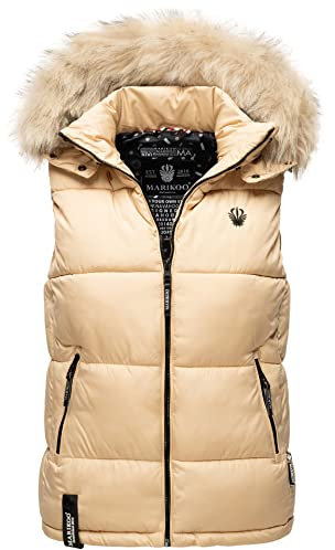 MARIKOO Damen Winter Weste Steppweste mit Kapuze und Fellkragen B896 [B896-Eisflöckchen-Beige-Gr.XS]