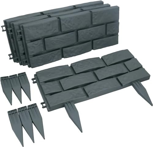 Plastic Brick Effect Lawn Garden Decor Grass Edging Skirting Border Picket Fencing (12, Grey)