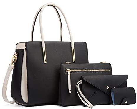 FANDARE Damen Handtasche 4 Stück Set Umhängetasche Frauen Reise Citytasche mit Unterarmtasche Brieftasche Schulterbeutel Shopper Tote für Mädchen Alltag Büro Schule Ausflug Henkeltasche Schwarz