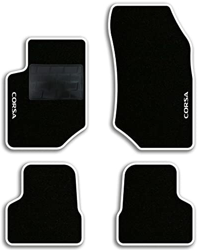 QUEMAR Auto-Fußmatten kompatibel mit Opel Corsa F ab 2019 / Set Fußmatten aus Teppich und Gummi nach Maß (Set 2 vorne + 2 hinten) / Stickerei und personalisierte Farben (2 Stickereien, weißer Rand)