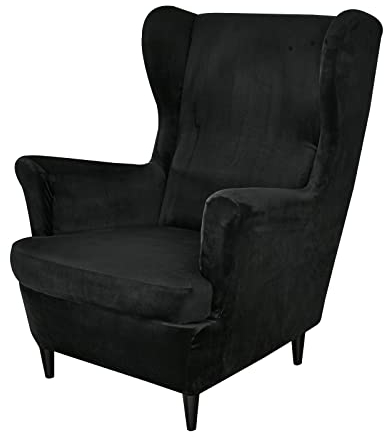 Lukery Ohrensessel Bezug Samt, Ohrensessel Überzug 2 Teilig Stretch Ohrensessel Überwurf mit Armlehnen Husse für Ohrensessel Sesselbezug Elastisch Waschbarer Sesselschoner (One Size,Schwarz)