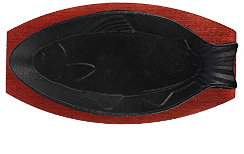 Operitacx Cast Iron Pan 1 Set Fish Shaped Frying Pan with Wood Base Cast Iron Grilling Griddle Plate Japanese Teppanyaki Steak Frying Pan Barbecue Pan For Home Kitchen Cast Iron Pizza Pan