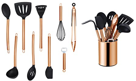 ECHTWERK Utensilios de cocina, juego de utensilios de cocina de 10 piezas, utensilios de cocina con mango de acero inoxidable, porta utensilios, silicona antiadherente, edición cobre