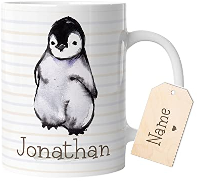 timalo® Tasse mit Namen bedrucken lassen | Pinguin Personalisierte Tasse Wunschname Geschenktasse für Kinder Jungen und Mädchen Aquarell | mug-t2-41