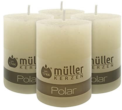 Müller Kerzen POLAR Stumpenkerzen mit Raureif-Effekt - Set mit 4 Rustikale Kerzen - Elfenbein - 68 x 100 mm - Lange Brenndauer 46 Stunden - Duftneutral - Tropfenfrei - RAL Qualität