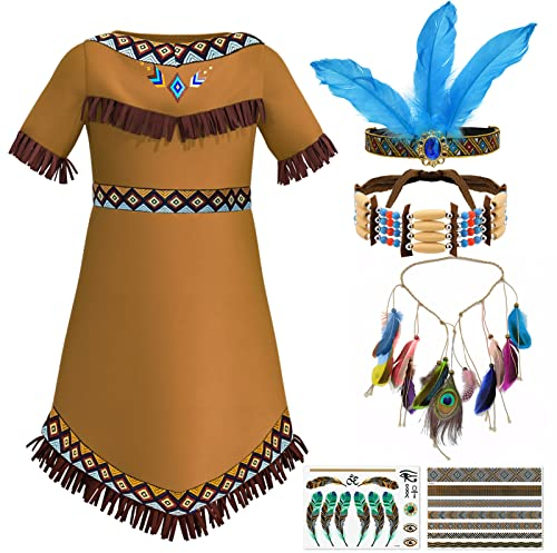 Tacobear Indianer Kostüm Kinder Mädchen mit Indianer Kopfschmuck Feder Stirnband Haarschmuck Choker Halskette Tattoo Indianer Kleid für Karneval Fasching Halloween Party Cosplay (140, 7-8 Jahre)
