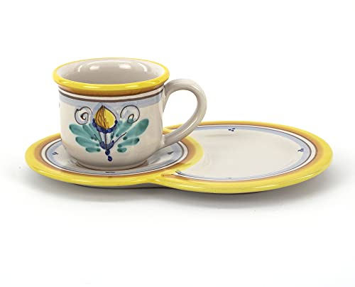 CEAR ceramiche - Tazza da colazione in ceramica con piatto vassoio porta biscotti/brioche. Ceramica di Caltagirone decorata a mano