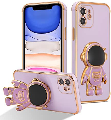 RALEAVO Compatible with iPhone 11 (6.1) Case with Cute Astronaut Kickstand Design Shockproof Plating Phone Case for iPhone 11-Purple