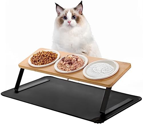 Otoomenz 3PCS Cat Bowl, Ceramic Cat Food Bowls With 15° Tilted Wood Stand,Raised Cat Bowls for Food and Water, Bamboo Cat Feeding Station with Cat Food Mat for Cats and Puppy