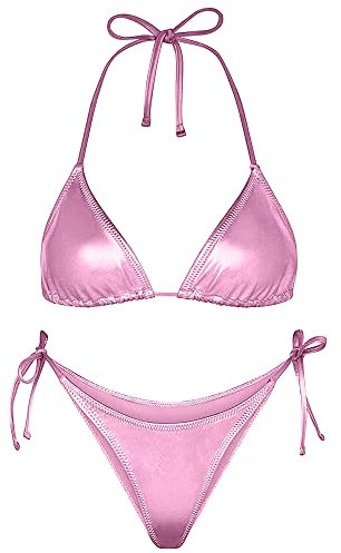 Ella Lust Bikini métallique pour femme – Maillot de bain argenté taille haute avec string à nouer sur le côté, haut triangulaire, maillot de bain brillant, rose, Taille L