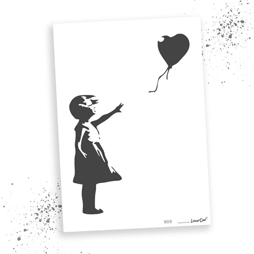 LaserCad Schablonen BANKSY Streetart (B009, Baloon Girl, DIN A4) Stencil für Graffiti, Airbrush, Kunst, Deko, zum Malen