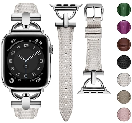Wutwuk Compatible Bracelet Apple Watch 38mm 40mm 41mm Femme Boucle Métal en Forme de D Cuir Véritable Bracelet iWatch pour iwatch Séries SE(2)/9/8/7/6/5/4/3/2/1-38mm 40mm 41mm-Lumière Stellaire+Argent
