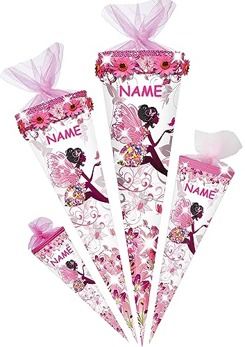 alles-meine.de GmbH Schultüte - Blumenfee/Schmetterlings Fee 70-100 cm Größe wählbar inkl. Name - Zuckertüte - Tüllabschluß/Filzabschluß - eckig/rund - Mädchen - kl..
