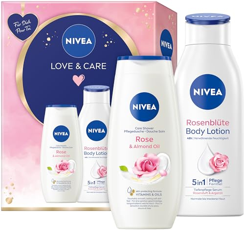 NIVEA Love & Care Geschenkset, Pflegeset mit feuchtigkeitsspendenden Pflegeprodukten, Geschenkbox mit Pflegedusche und Rosenblüten Body Lotion