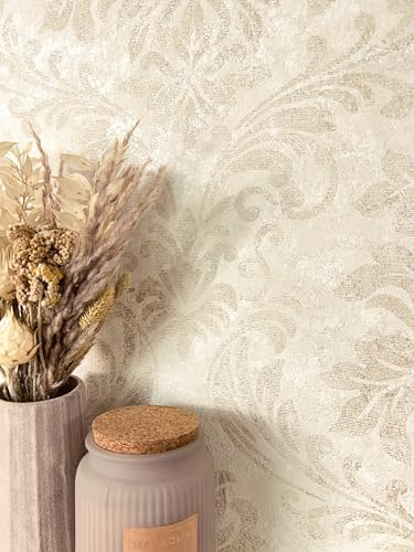 Newroom Vliestapete Mustertapete Beige Ornamente Barock Damast | florale Ranken mit metallischem Goldschimmer, feine Putzstruktur, edle Wandtapete Vintagetapete, Wohnzimmer Schlafzimmer