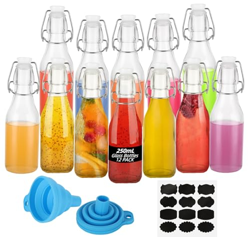 MUXHEL 12PCS Clear Clip Top Preserve Bottles, 250ml Airtight Glass Swing Top Bottles with Stoppers, Stickers & Funnel for Carbonated Drinks, Brewing, Beverages and Liquids
