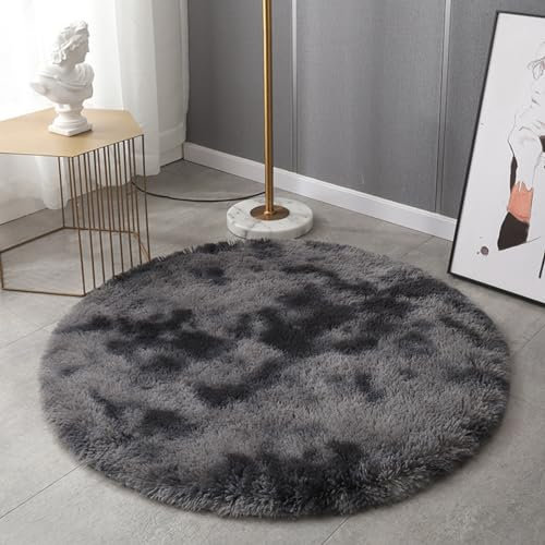Hiseng Teppich Rund Flauschiger Waschbar 160cm, Hochflor Plüsch Weicher Teppich Wohnzimmer Teppich Modern für Wohnzimmer Kinderzimmer Schlafzimmer Läufer Teppich Innen (200cm,Krawattenfarbe anthrazit)