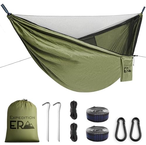 Hamaca de Camping - Uplayteck Hamacas con Mosquitera - Transpirable Hamacas de Viaje - para Acampar 300kg de Capacidad - Columpio Jardin Exterior - Nylon de Paracaídas - Caqui