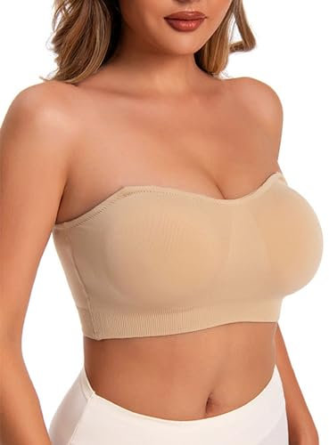 Yutdeng Reggiseno Senza Spalline per Donna Reggiseno a Fascia Invisibile Silicone Bra Push Up Imbottiti Reggiseno Senza Cuciture Antiscivolo Bralette Intimo Lingerie,Beige,XXL