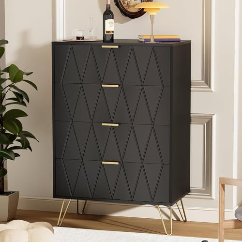 GOOBUY Kommode mit Schubladen, Kommodeschrank, Aufbewahrungsschrank mit 4 Schubladen, Beistellschrank, Sideboard, Schubladenschrank für Wohnzimmer, Schlafzimmer, Flur 60 x 34 x 91 cm(schwarz)