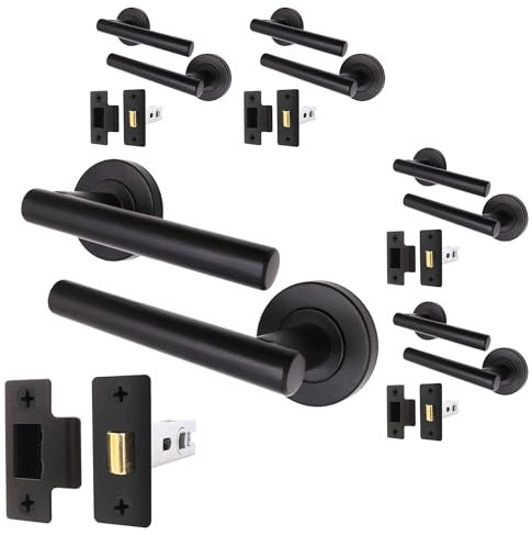 EAI Black Door Handle Latch Set - Pack of 5 | Round T-Bar Internal Door Handles & Latch (64mm) | Matt Black Lever on Rose Oliena Range