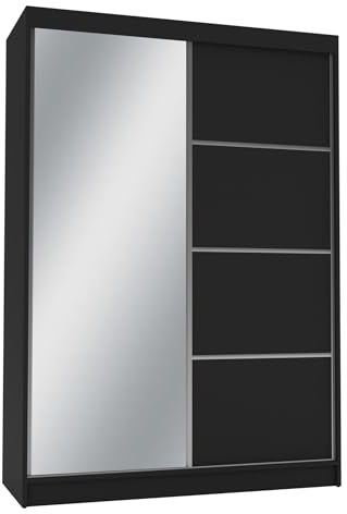 Kleiderschrank, Schiebtürenschrank mit Spiegel Matteo I Garderobenschrank mit Ablagen und Kleiderstange (Schwarz, 150 x 200 x 61 cm (BxHxT))