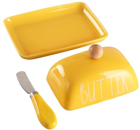 Porcelain Butter Dish with Lid & Knife, Covered Butter Container with Handle Design for Countertop,Yellow