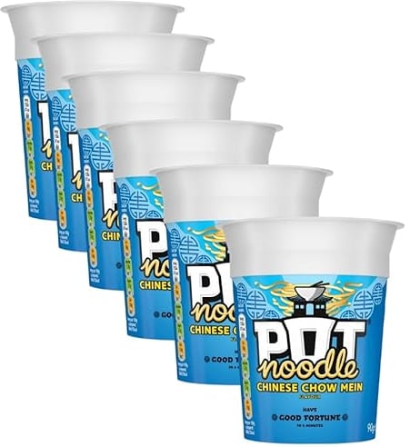 Pot Noodle Chinese Chow Mein 90g - 6 Pack | Noodles in a Chinese chow mein flavour sauce with vegetables and a little sachet of soy sauce.
