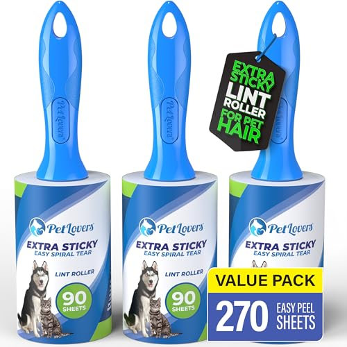 PetLovers Set di 270 fogli extra appiccicosi per rimuovere i peli di animali domestici e vestiti, per rimuovere pelucchi di cani e gatti, confezione da 3