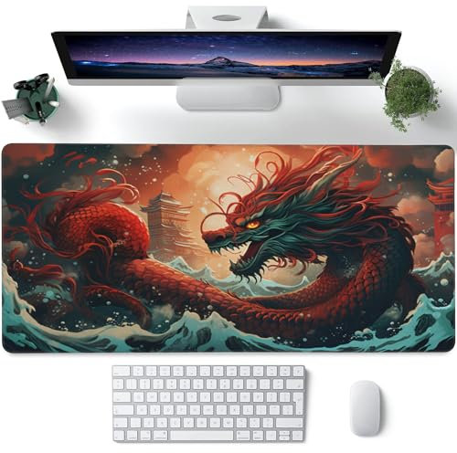 Grand tapis de souris XXL, grand tapis de souris de jeu motif dragon chinois pour bureau, sous-main pour clavier d'ordinateur étendu, base antidérapante et bords cousus, 89,9 x 40 cm