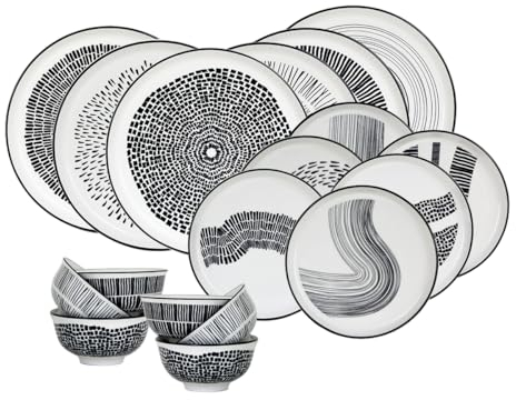 Artime – Vajilla de 18 piezas para 6 personas, surtido de platos, servicio de impresión en blanco y negro, platos y cuencos de porcelana