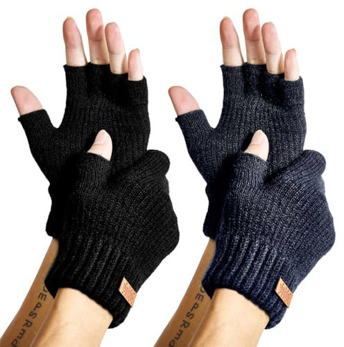 JYUYNY Gants sans Doigts,Mitaines sans Doigts - Mitaines Tricotées sans Doigts Gants Extensibles Chauds pour Hommes et Femmes Gants tricotés d'hiver. (Noir et Bleu)