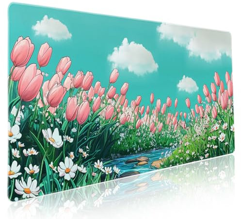 Cute Anime Floral Stream Gaming Mouse Pad XXL Sage Green Flower Kawaii Extended Big Large Desk Mat Non-Slip Rubber Base Stitched Edge Long Keyboard Mousepad for PC Computer Laptop,35.4×15.7 in