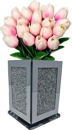 Crushed Diamond Silver Sparkle Square Flower Pot Vase, 15cm, Crystal Ceramic
