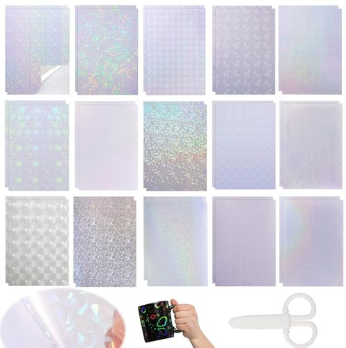 URHRHU 30 Blatt Hologrammfolie A4 Holographische Aufkleber Transparent Holografische Sticker Folie, Klare Vinyl Holografische Folien Selbstklebend mit 1 Schere für DIY Handwerk Dekoration (15 Styles)