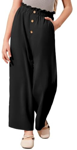 Haloumoning Pantaloni larghi Ragazze Vita Alta Elastico Paperbag Pantaloni Casual Bambini Monocolore Pantaloni Lunghi con Tasche, Nero , 11-12 Anni