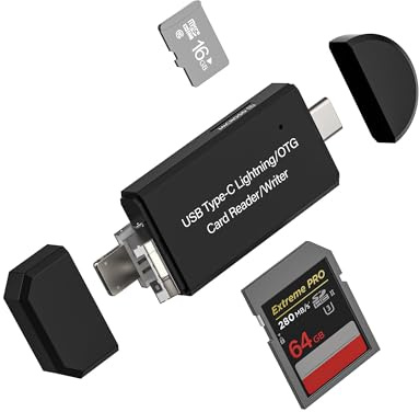Lecteur de cartes SD (4 en 1) USB C Lightning USB Micro USB Adaptateur pour iPhone 16 15 14 13 Pro Max Micro SD Mémoire Card Reader Caméra pour iPad pour Apple Type C MacBook TF Memory Android