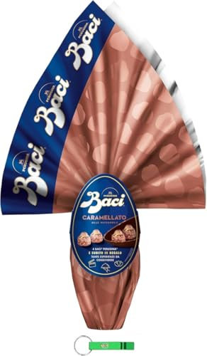 BACI PERUGINA Schokoladenei Uovo Caramellato Dunkle Schokolade und Mandeln Karamellisiert-Osterei - mit Überraschung und 4 Pralinen 265g + Beni Culinari Kostenloser Schlüsselanhänger